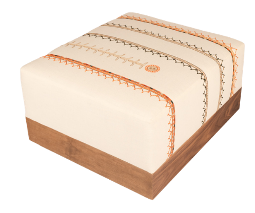 Upholstered bench with Tahriri embroidery and a solid walnut base