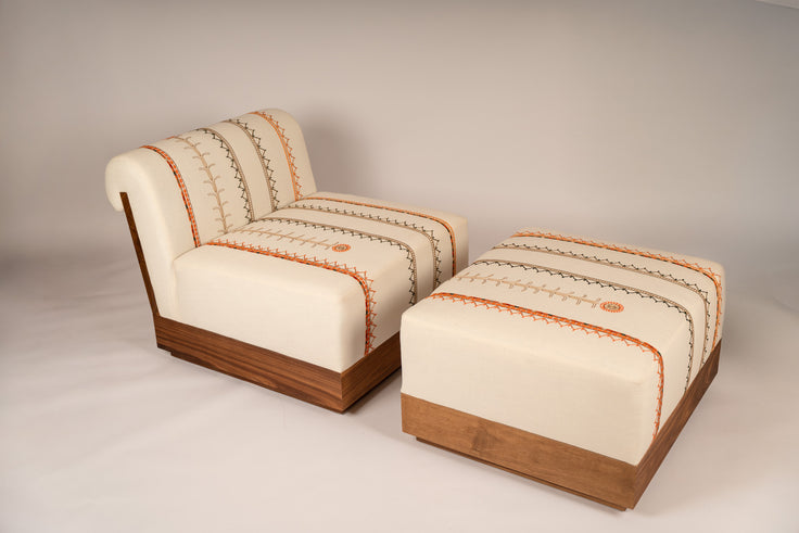 Upholstered bench with Tahriri embroidery and a solid walnut base